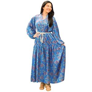 Karlie Floral Satin Blue Button Down Maxi Dress Belted NWT Large